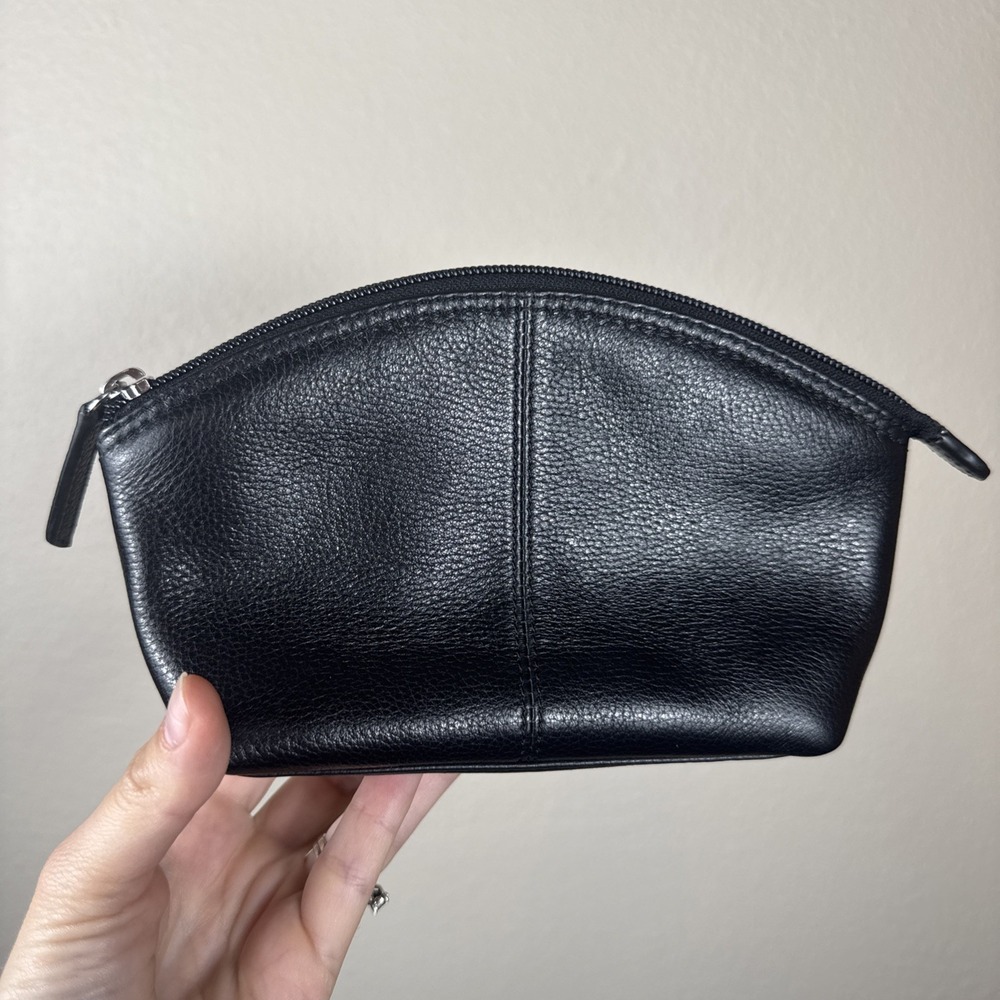 ILI Genuine Leather Makeup Pouch Bag Small Black Lined Toiletry Case Zip Close